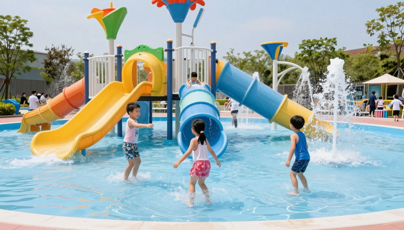 Kinder spielen fröhlich an einem modernen Wasserspielplatz mit Fontänen